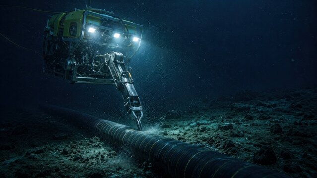Underwater robotic vehicle operating on submarine cable in deep sea infrastructure maintenance and global communications repair concept.