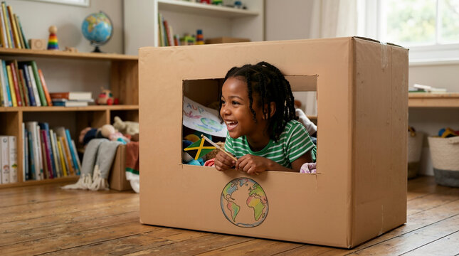Smiling Black girl playing inside a cardboard box house. African American child holding a Jamaican flag in a living room. Creative childhood imagination and pretend play