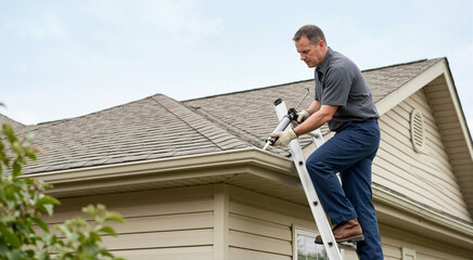 Fototapeta premium Handyman applying sealant to a roof gutter with a caulking gun. Male contractor standing on a ladder performing exterior home maintenance and weatherproofing