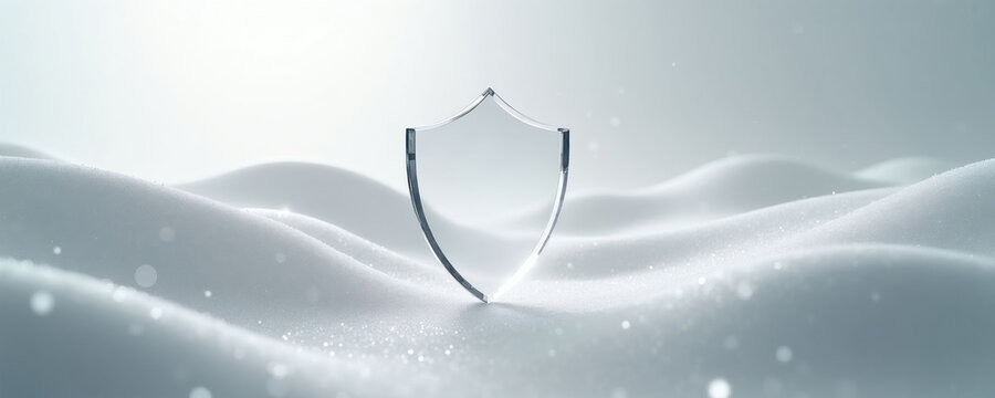 Clear shield stands on abstract snow hills. Clean, modern design suggests protection, security, and safety in digital or physical space. Futuristic concept art.
