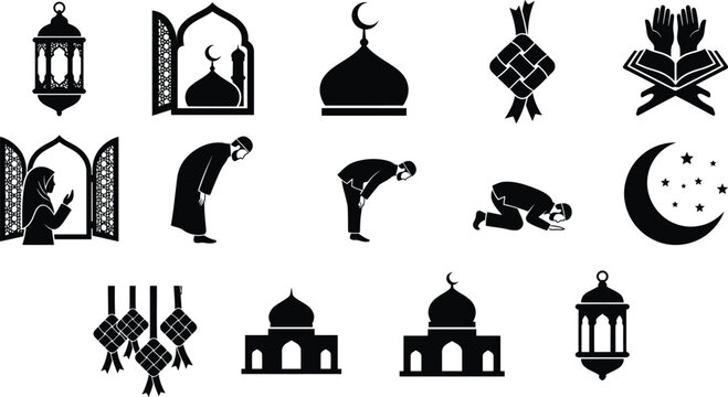 Islamic Ramadan Kareem icon set, black silhouettes of mosque dome, praying people, crescent moon and lanterns vector