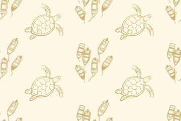 Sea turtle doodle seamless pattern with boats in naive sketch style © Viktoriia Kalganov