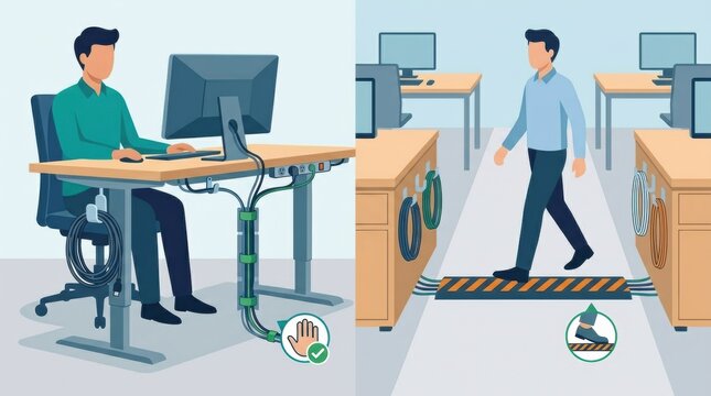 Illustration shows a workplace with a person using a computer and another walking on a safe path, highlighting electrical safety practices.