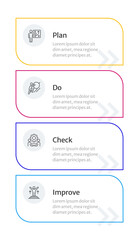 Fototapeta premium PDCA rounded multicolor infographic 4 steps. Business management method. Control continuous improvement of processes. Testing organization solutions. Editable thin line icons diagram process