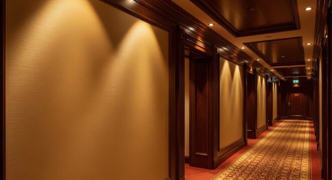 Warm recessed lighting illuminating a hotel hallway with wood paneling and carpet