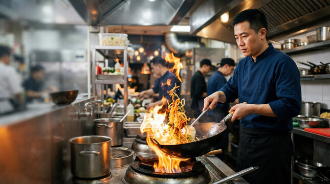Focused Asian male chef tossing noodles in a flaming wok. Professional cook preparing stir fry in a busy commercial restaurant kitchen