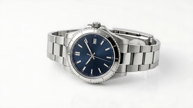 High-end brushed steel wristwatch with an oyster-style link band and deep navy dial face for product display.