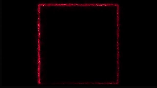 Glowing red neon square frame with electric energy effect on black background, border