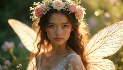 Fototapeta premium Young woman with flower crown and iridescent wings sits in a sunlit garden. She has delicate features and appears ethereal and magical. Background shows blurred green foliage and soft light.