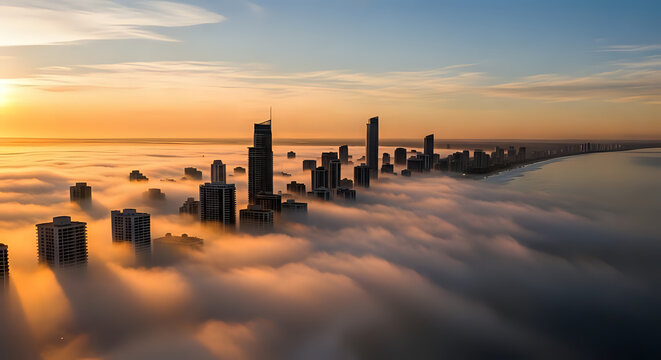 City skyline emerges from thick fog at sunrise with golden hour high rise low visibility