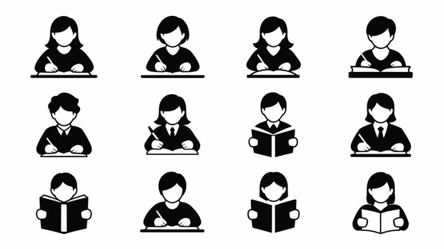 Silhouette icons of students studying and reading in various poses