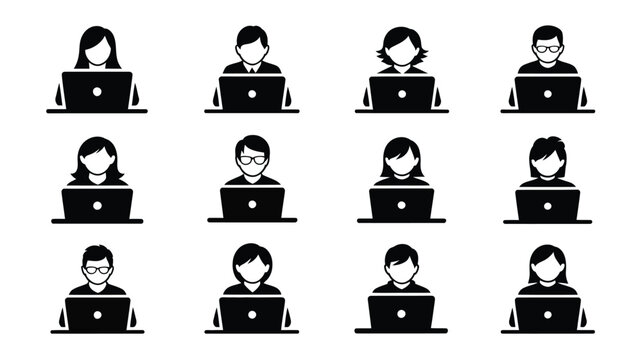 Diverse group of people using laptops in online learning setting with black silhouettes on white background