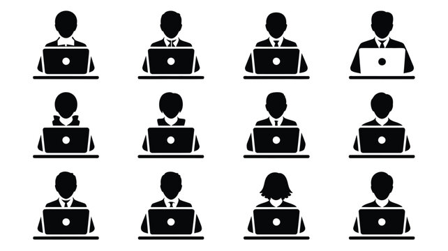 Online learning students with laptops in business attire silhouettes