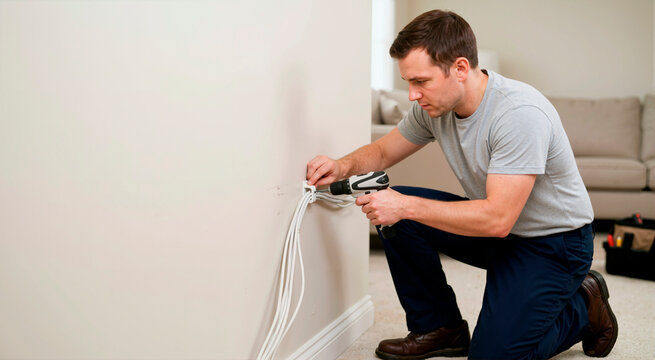 Technician using cordless drill to secure cable clip to white wall. Male handyman kneeling on carpet installing network wiring in home