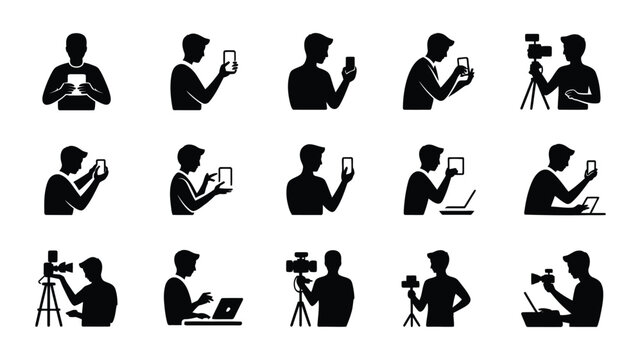 Silhouette of people using smartphones cameras and laptops for technology and social media