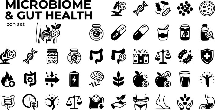 Microbiome Gut Health Icon Set Probiotic Digestive Flora Gut Bacteria Intestinal Health Wellness Nutrition Vector Illustration