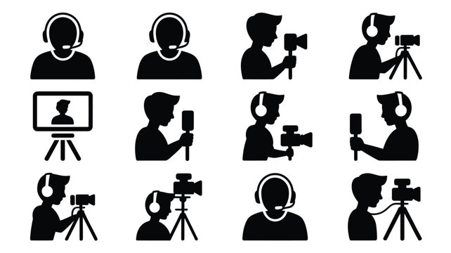 Silhouette icons of people streaming online recording video and using technology for live broadcasts