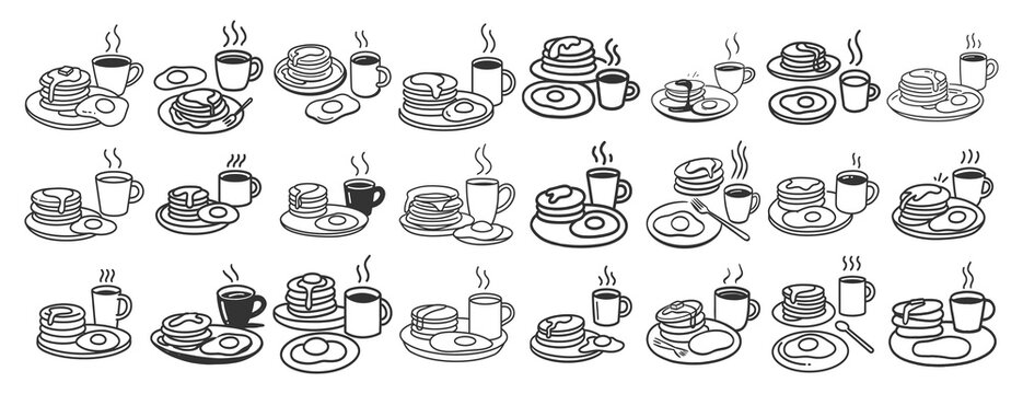 Set of breakfast illustrations featuring stacks of delicious pancakes with coffee and eggs