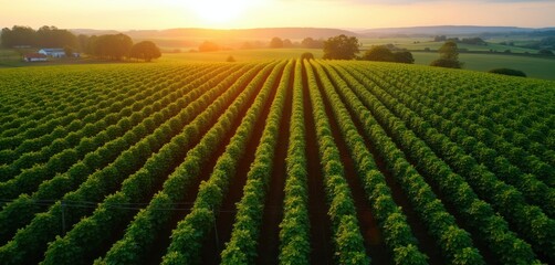 Fototapeta premium Aerial view over rows of green hop plants at sunset. Farmland stretches to horizon with warm light. Rural landscape shows agricultural cultivation for beer production.