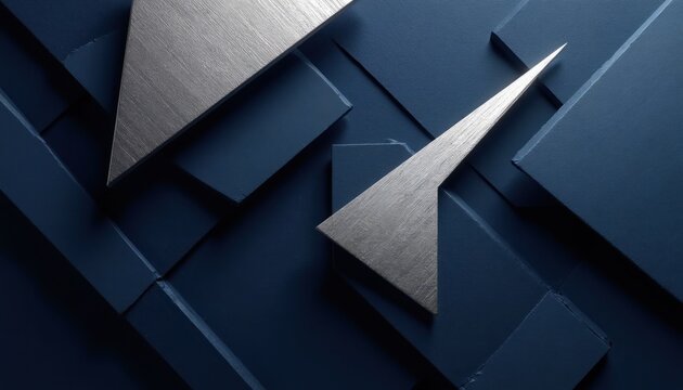 Dark navy blue surface with silver geometric shapes. Abstract angular elements create textured background for design. Modern layout with sharp lines.