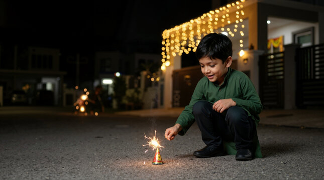 Young boy lighting a firecracker with a sparkler on a street at night. Indian child in traditional green kurta celebrating Diwali festival. Festive holiday illumination