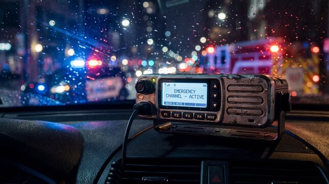 police radio scanner on car dashboard showing active emergency channel. night city street with blurred flashing lights through wet windshield. first responder communication. banner, website header.