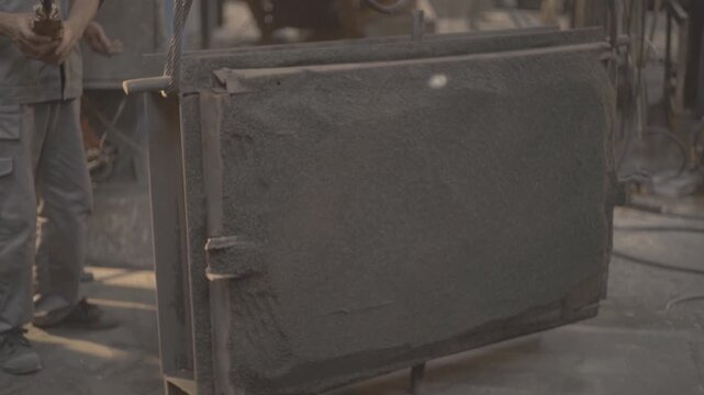 Worker handling suspended sand mold in foundry