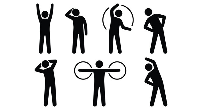 Set of stick figure icons performing various stretching and warmup exercises