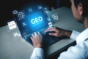 Obraz premium Digital marketing concept featuring GEO strategy, optimizing content for AI search engines and large language models. Evolution of SEO, brand authority, and AI citation visibility. Corpus
