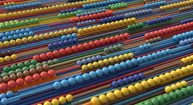 Rows of colorful spheres on parallel rods creating an abstract pattern