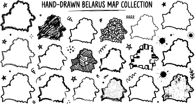 Hand-Drawn Belarus Map Collection - Black and White Line Art Outlines for Geography, Education, and Travel Design