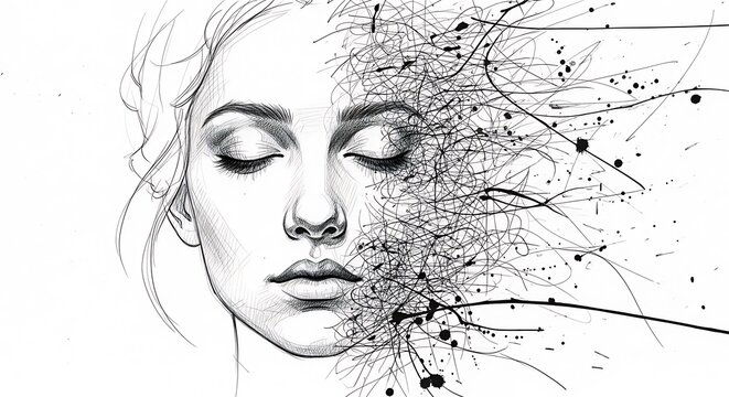 Sketch of a woman's face dissolving into abstract lines and ink splatters