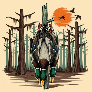Two mallard ducks hanging on a wooden post in a cypress swamp with a vintage sunset background