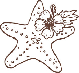 Coquette starfish with hibiscus flower hand drawn line art © Small Smiles_dimple
