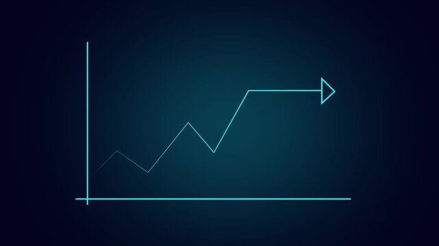 Cyan neon line graph showing upward trend against dark blue gradient. Financial growth analytics data visualization report.