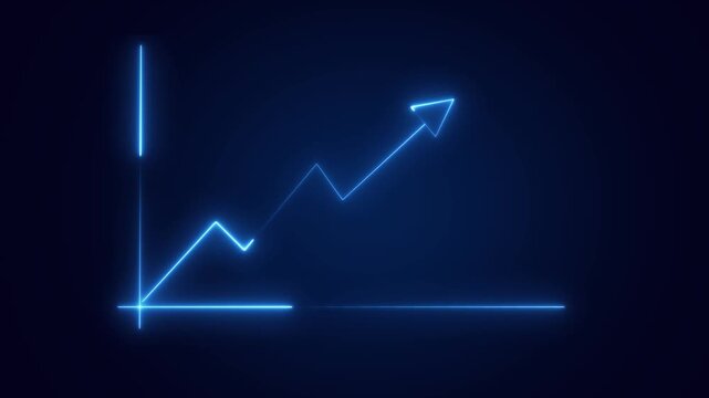 Blue neon line graph showing upward trend against dark background. Business growth financial analytics data visualization report.