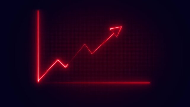 Red neon line graph demonstrating upward trend against dark grid. Business development economic analytics dashboard report.
