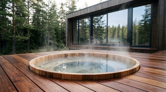 Modern luxury wooden hot tub on a deck overlooking a lush green pine forest with steam rising from the water near a contemporary cabin house architecture