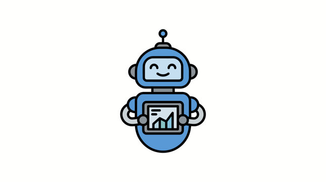 Happy Blue Robot Character Holding Tablet with Bar Chart, Showing Data Analytics, Isolated White Background