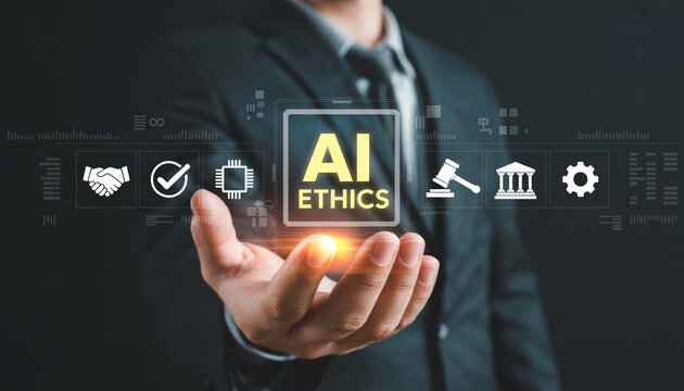 Business leader presenting ai ethics and digital governance framework with interactive technology interface.