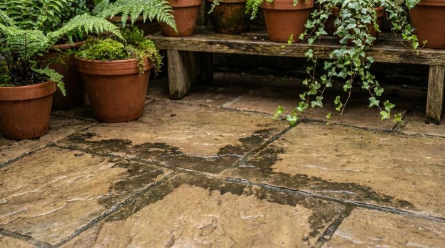 Water seeping into the grout lines of a textured stone patio with potted plants above