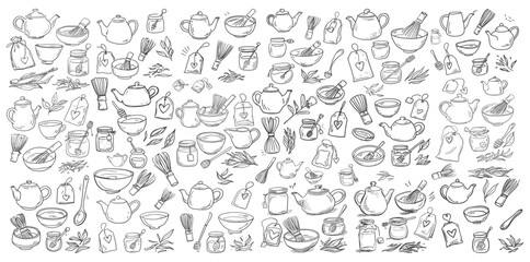 Custom vertical slats for kitchen with your photo Seamless Pattern with Hand Drawn Tea Accessories Teapots and Matcha Tools