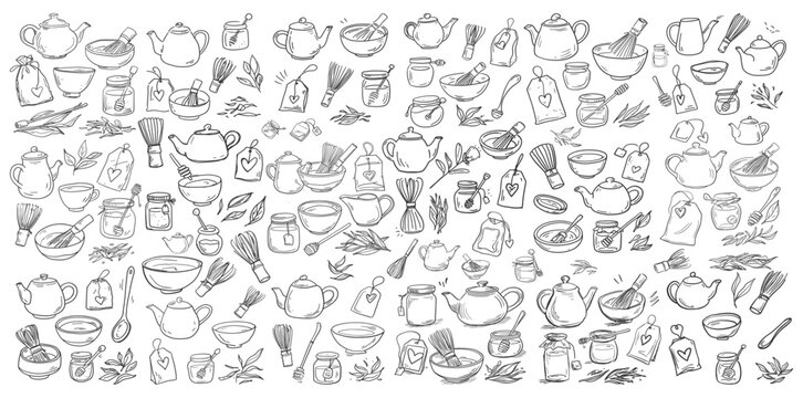 Seamless Pattern with Hand Drawn Tea Accessories Teapots and Matcha Tools
