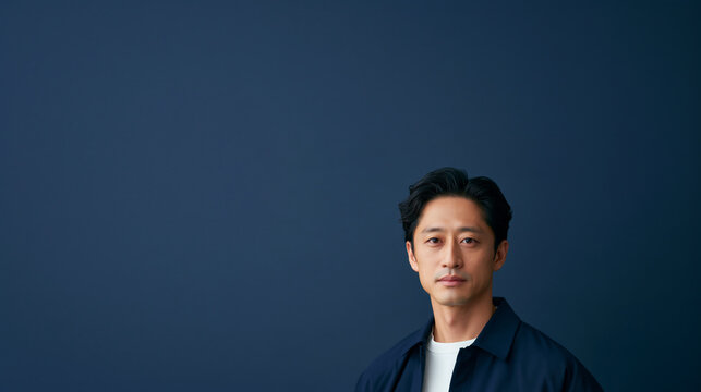healthcare portrait with cinematic lighting, luxury clinic advertising concept with japanese male model, dark navy studio healthcare branding aesthetic