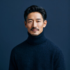 Fototapeta premium healthcare portrait with cinematic lighting, luxury clinic advertising concept with japanese male model, dark navy studio healthcare branding aesthetic
