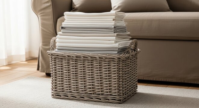 A tall stack of neatly folded white and grey linens rests within a woven wicker basket, enhancing home organization and comfort.