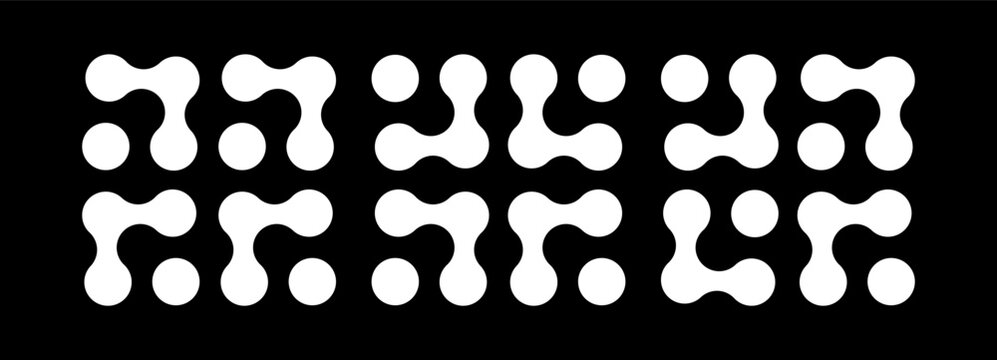 Connected circle shape sign. Metaball dot white icons set. Abstract integration symbol. Simple pattern. Point movement. Morphing blob. Metaballs transition. Logo, sticker template. Web design element.