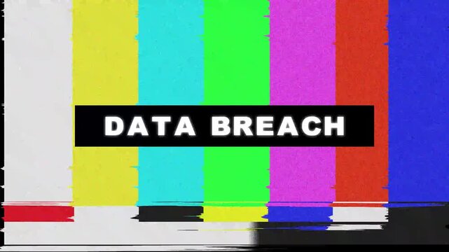Data breach warning sign with retro tv color bars and glitch signal interference effect cyber security