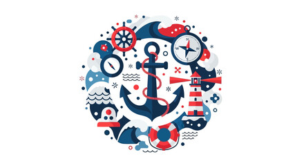 Fototapeta premium Nautical Maritime Vector Illustration with Anchor, Lighthouse, Compass, and Steering Wheel Icon Elements in Circular Flat Design