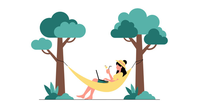 Digital Nomad Woman Working on Laptop in Hammock Illustration, Remote Work, Freelance and Vacation Concept